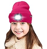 ATNKE Kids LED beleuchtete Mütze mit Licht, USB Wiederaufladbare 4 LED Scheinwerfer wasserdichte Winterwärmer Strick Nachthüte mit leichten Jungen Mädchen/Rose Red